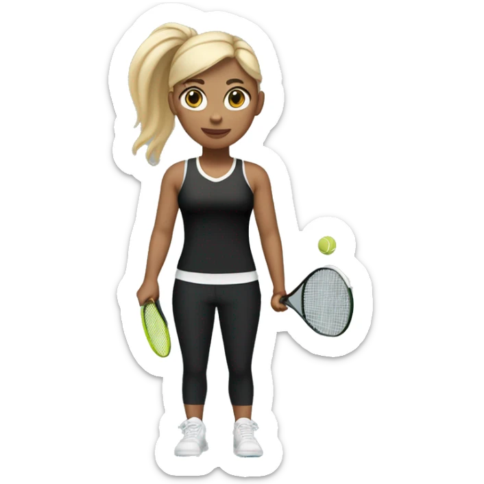full length blonde girl with straight hair while playing tennis in black top and black leggings, I need a racket and balls  sticker