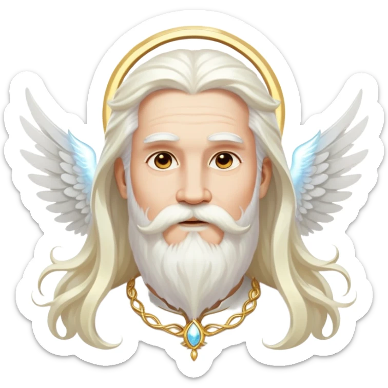 God-like figure with majestic white wings, long flowing white hair, beard and mustache, wearing gold dangle earrings, glowing aura sticker