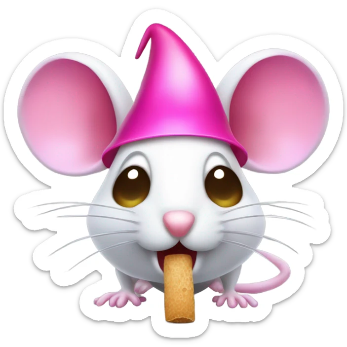 A mouse with full hot pink hair is holding a mushroom by the stem and looking down at it while opening his mouth widely to try to eat the entire cap in one bite. He has long eyelashes too sticker