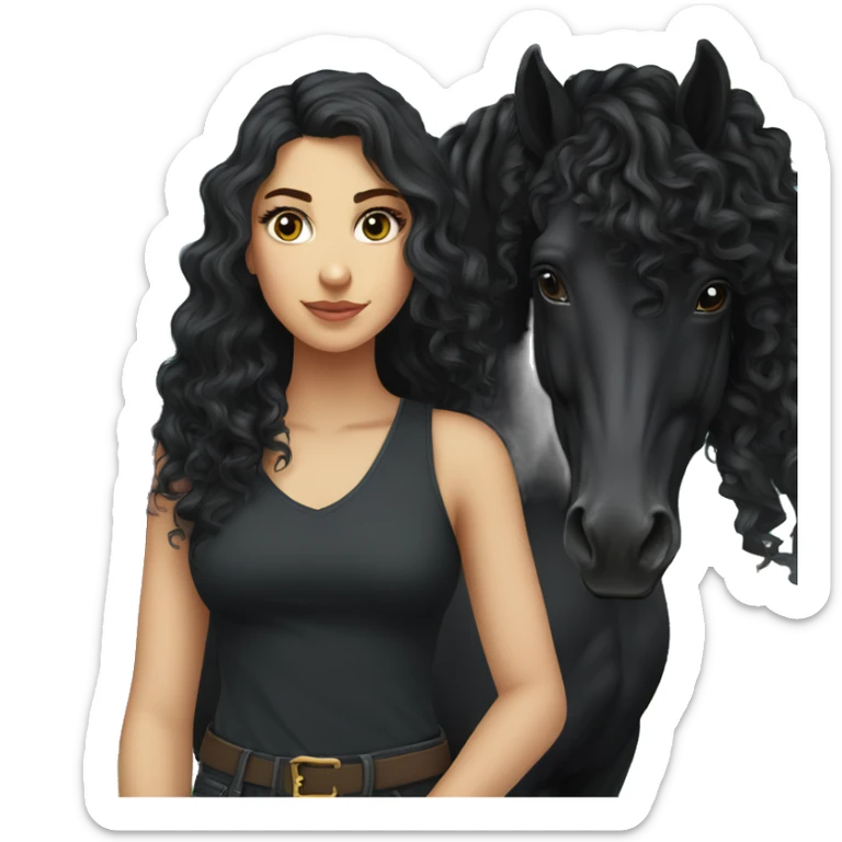 White girl, black shirt, long black curly hair, standing next to  black arabian horse sticker