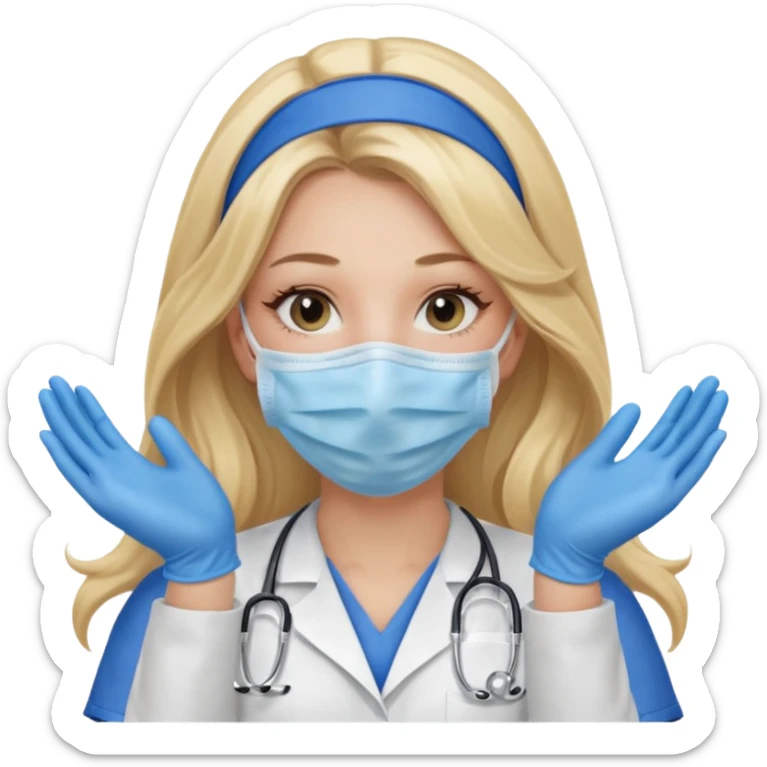 enfermera rubia con pelo largo, con mascarilla y guantes azules que aperezcan las dos manos, como las primeras imagenes que enviaste sticker