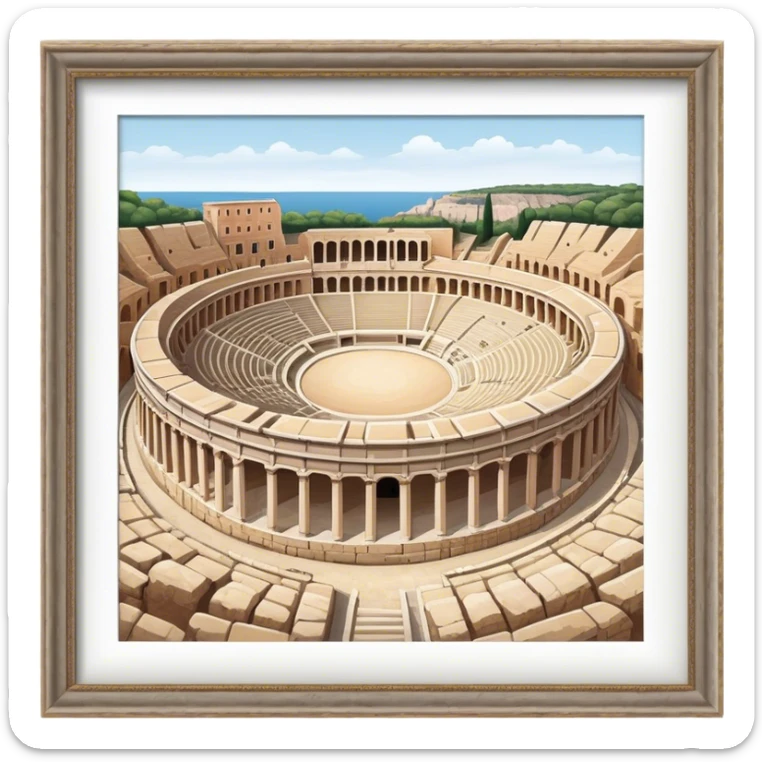 Cinematic Realistic Pula Arena Landmark Emoji, showcasing the ancient Roman amphitheater rendered with detailed weathered stone textures and dramatic lighting. sticker