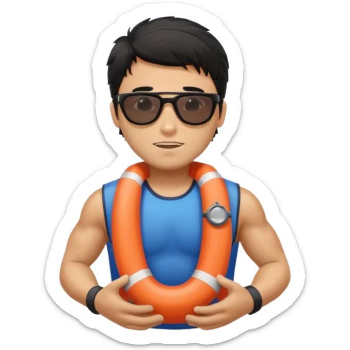 Dark Tan Muscular lifeguard with messy black hair with sunglasses, with life preserver sticker