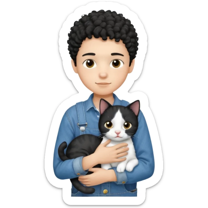 Apple emoji of a 13 year old boy with short black curly hair and dark brown eyes of light skin with denim shirt and overalls hugging a black and white cat sticker