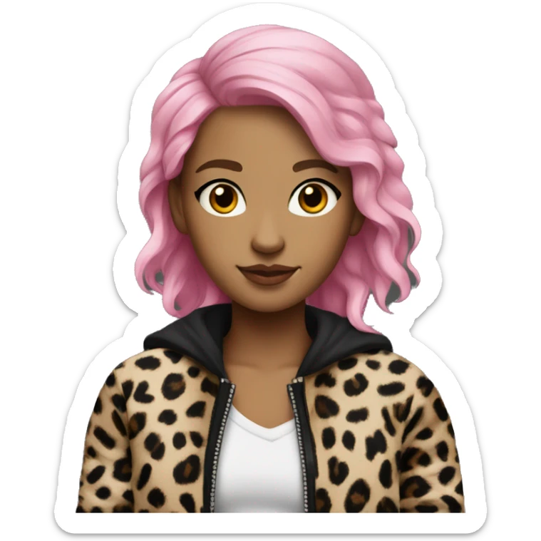 A GIRL WITH PINK HAIR AND A JAKET OF LEOPARD AND BLACK SHIRT AND LEOPARD PANTS sticker