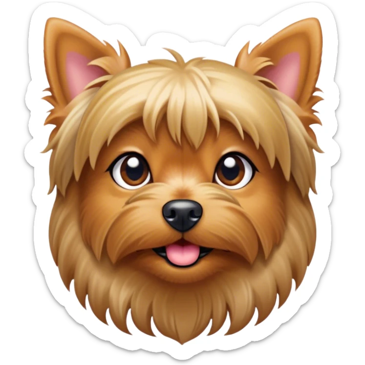 Cinematic Cute Yorkshire Terrier Portrait Emoji, Head perked with bright, twinkling eyes and a perky expression, showcasing a soft, silky fur in rich hues, simplified yet adorably detailed, glowing with a cheerful, inviting glow, high shine, exuding playful intelligence and spunky charm, styled with a gentle, whimsical outline, capturing the essence of a cute Yorkshire Terrier that appears ready to frolic off the screen with irresistible energy! sticker