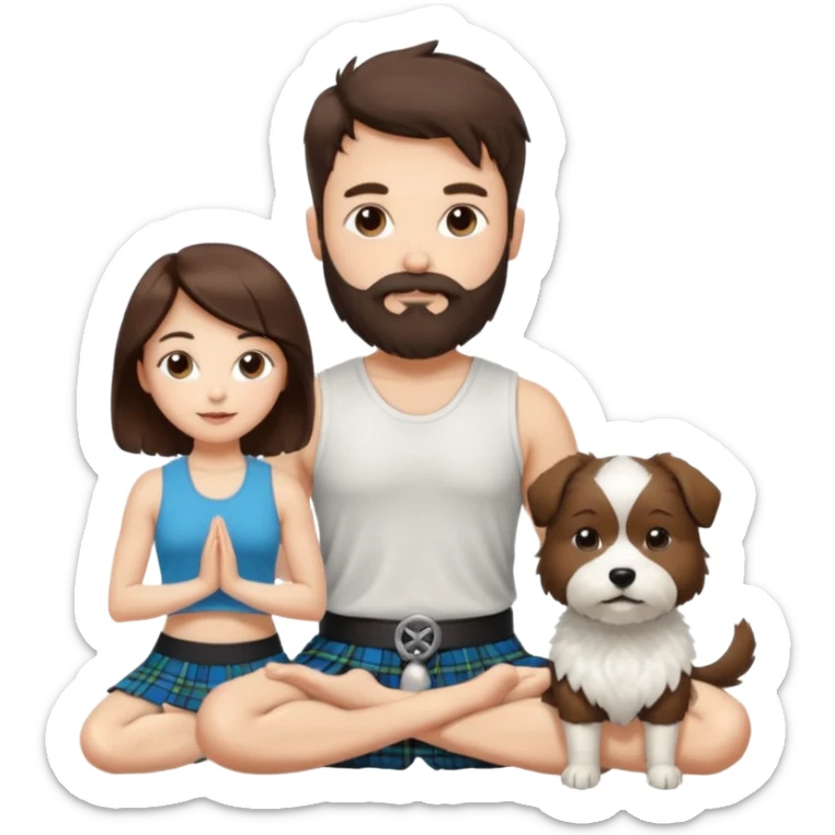 emoji of brunette man with beard wearing kilt, brunette woman in yoga outfit and one white fluffy dog sticker