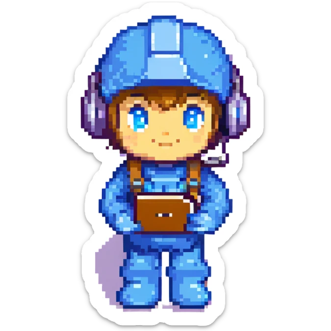 8-bit pixel art icon of a recruiter Mega Man style with a headset holding a pen and notepad ready to interview sticker