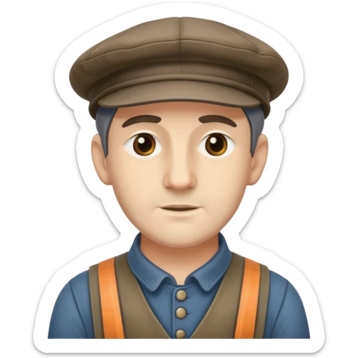 Highly detailed 19th century English factory worker with weathered face, detailed period-accurate clothing, flat cap, and realistic facial features sticker