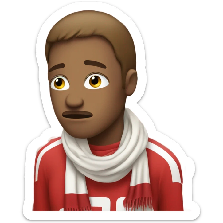 A very sad, crying football fan with a scarf in red and White.  sticker