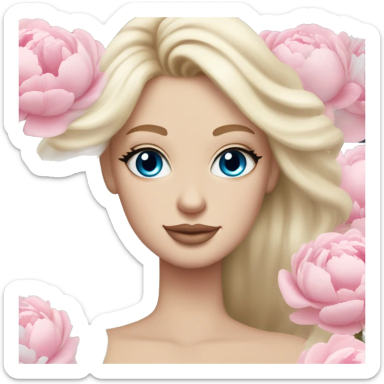 White bride with long light blonde hair and blue eyes with light pink peonies in hair white skin light pink lips sticker