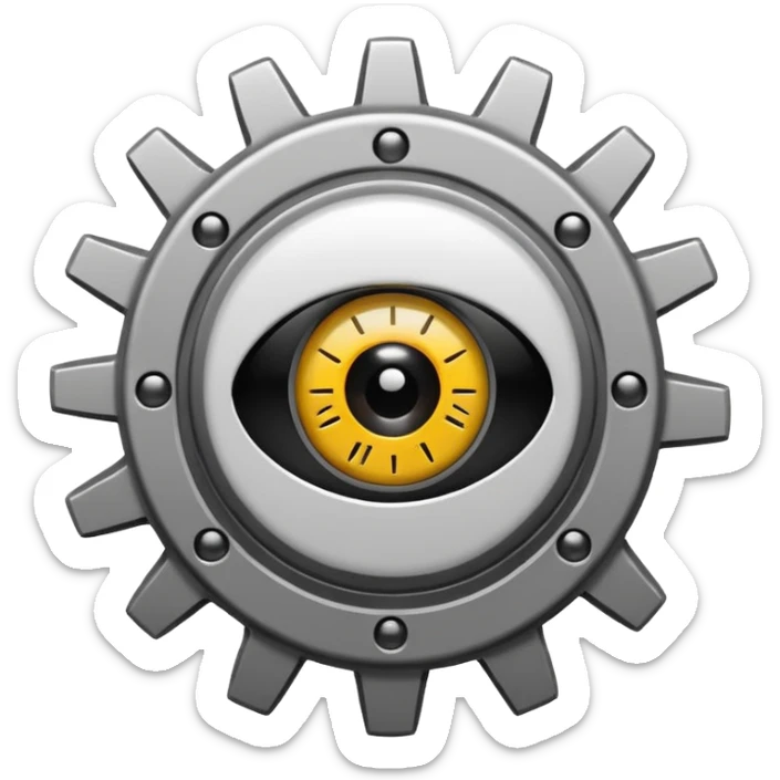 Minimalist emoji-style sticker of a mechanical gear with a realistic eye in the center. Flat graphic icon in grayscale. sticker