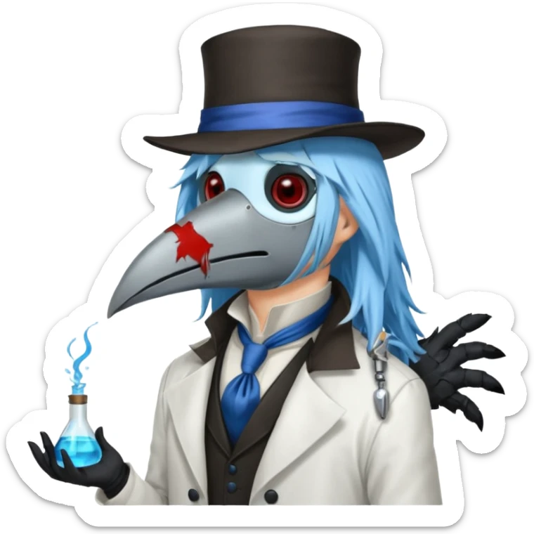 Plague Doctor with light-blue beautiful hair, handsome sexy, long hair tendril bangs down on the sides, white lab coat, blue cravat, black feathers on shoulder, raven companion, black gloves, red eyes sticker