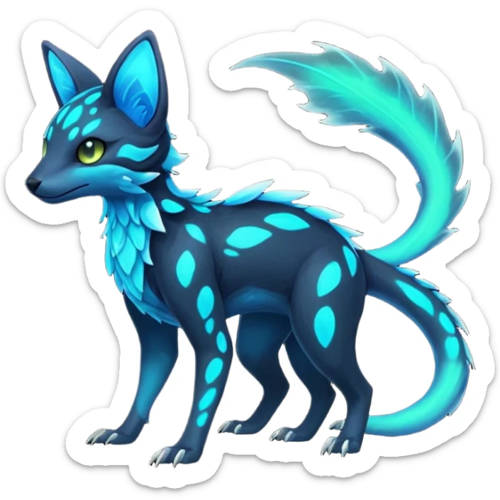 Rare realistic dark-neon glowing bioluminescent edgy badass epic pretty beautiful handsome gorgeous aesthetic colorful vibrant Vernid-Trico-species-Fakemon-creature by LiLaiRa, 4 legs, 1 tail, random markings, (full body) sticker