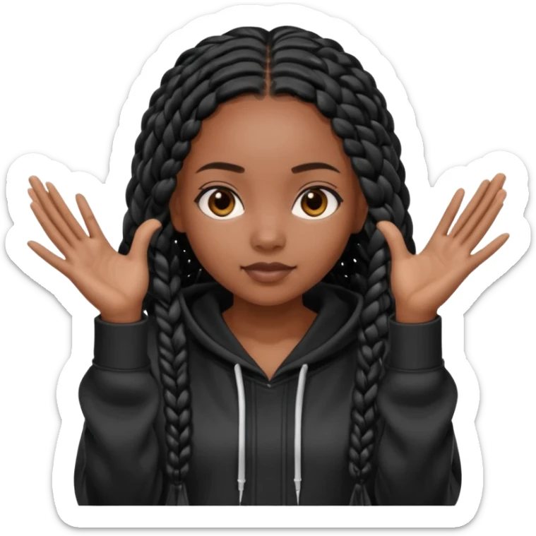 African American dark skin girl with long black box braids wearing a black hoodie with hands together sticker