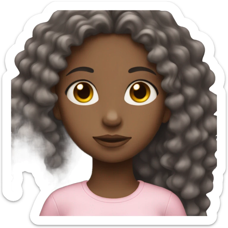 Black girl with long curly hair, her eyes closed and wearing baby pink sticker