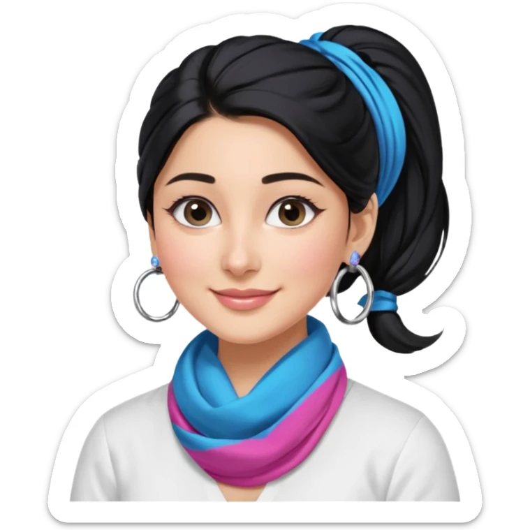 generate a pretty bratz emoji 
Make her wear a white shirt with a colorful blue-pink scarf wrapped around her neck. smiling big. Black hair tied into a side part ponytail, silver hoops and no necklace

She should look exactly  like Kareena Kapoor. kajal under eyes sticker