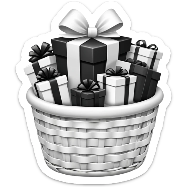 big white gift basket with lots of gifts inside the gift basket, and the gifts are black and white no other colors sticker