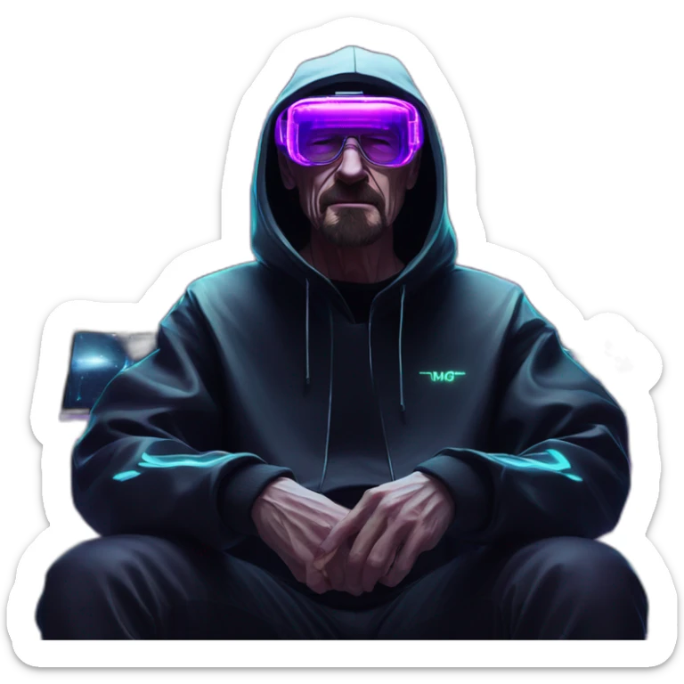 Walter White wearing a black hoodie with "OMG" letters on it and VR headset in a cyberpunk VR environment with violet neon lighting. sticker
