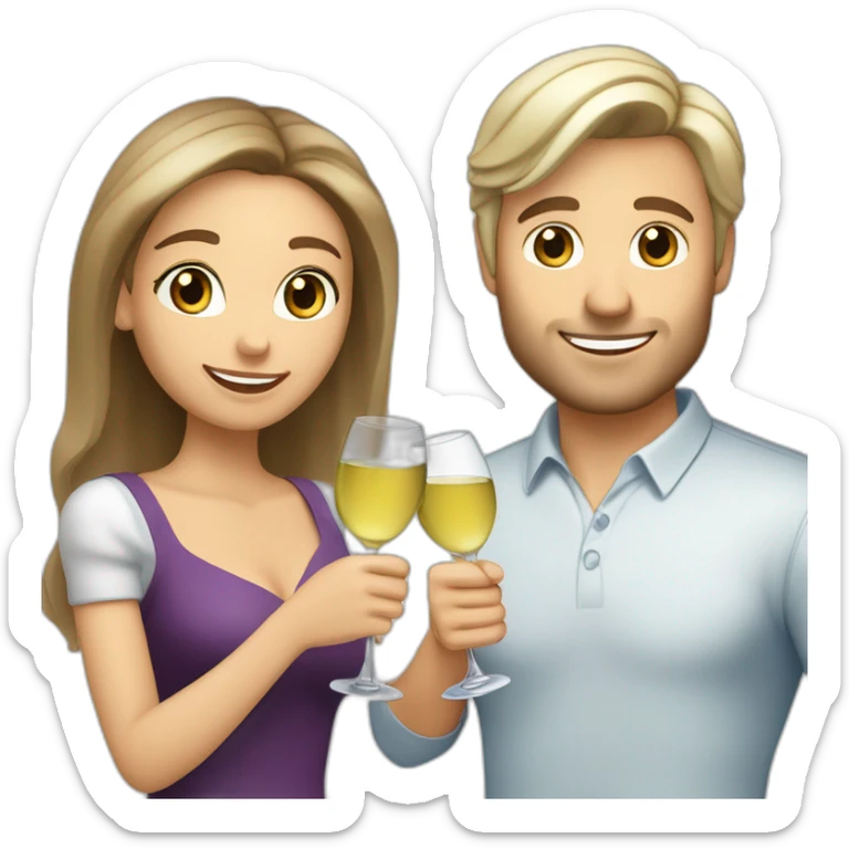 caucasian woman with brown eyes and blond shoulter long hair and a caucasian man with blue eyes and grey hair, toasting with a glass of white wine sticker