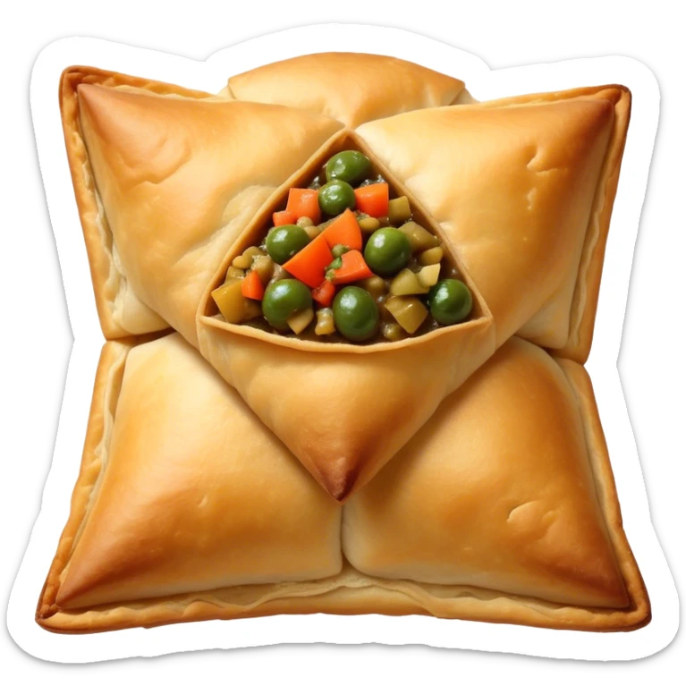 Samosa Cinematic Realistic Samosa Snack Emoji, depicted as a crispy, golden triangular pastry filled with spiced vegetables or meat, rendered with rich textures and vibrant, appetizing lighting. sticker