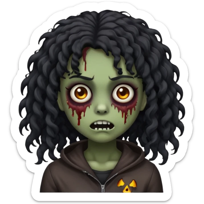 spooky zombie girl emoji, black curly medium-long hair, emo, shaggy, dark, creepy expression sticker