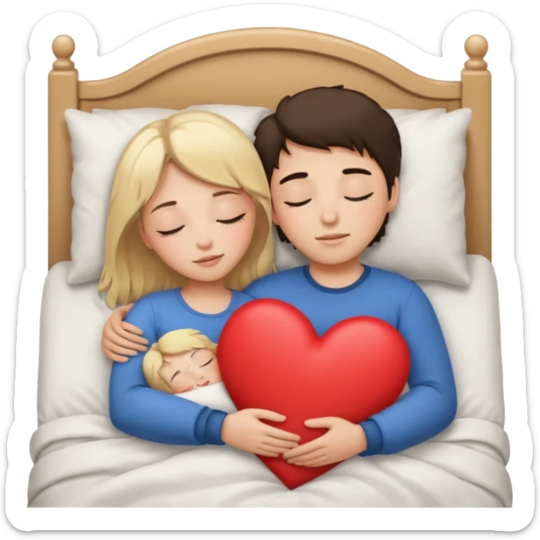 cuddling in bed, asleep. blonde girl. brunette boy. eyes closed. heart between them. sticker