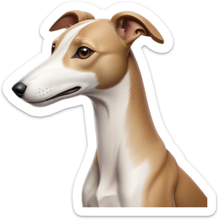 Cinematic Noble White and Brown Greyhound Portrait Emoji, Poised and regal, with a slender, aerodynamic build and a sleek Fur of pristine white accented by warm brown markings, deep-set soulful eyes, Simplified yet sharp and sophisticated features, highly detailed, glowing with a soft, dignified glow, high shine, intelligent and agile, stylized with an air of elegance, focused and attentive, soft glowing outline, capturing the essence of a watchful and swift companion, so majestic it feels as though it could dash out of the screen with effortless authority! sticker