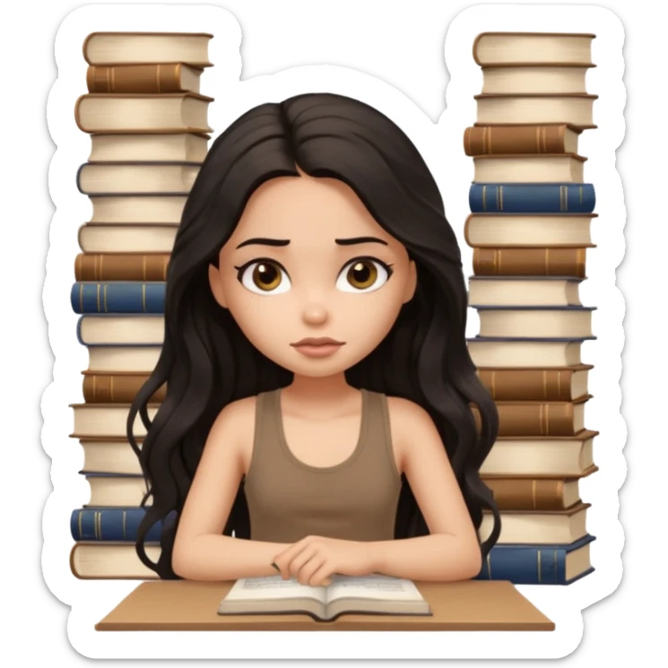 a pretty bratz light dusky girl with long wavy black hair in a brown tank top studying and lookinh tired with stacks of books and papers sticker