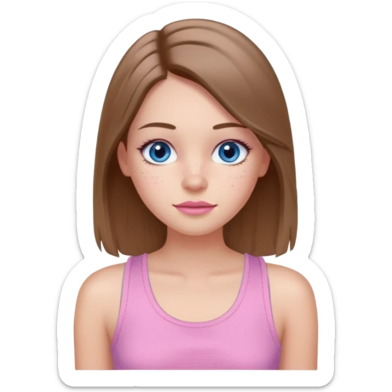 Create a TEENAGE girl with LONG and straight light brunette hair with a MIDDLE PART, light skin, light freckles, and blue-gray eyes. She will have pink lips and LONG eyelashes. She will be wearing a light pink tank top sticker