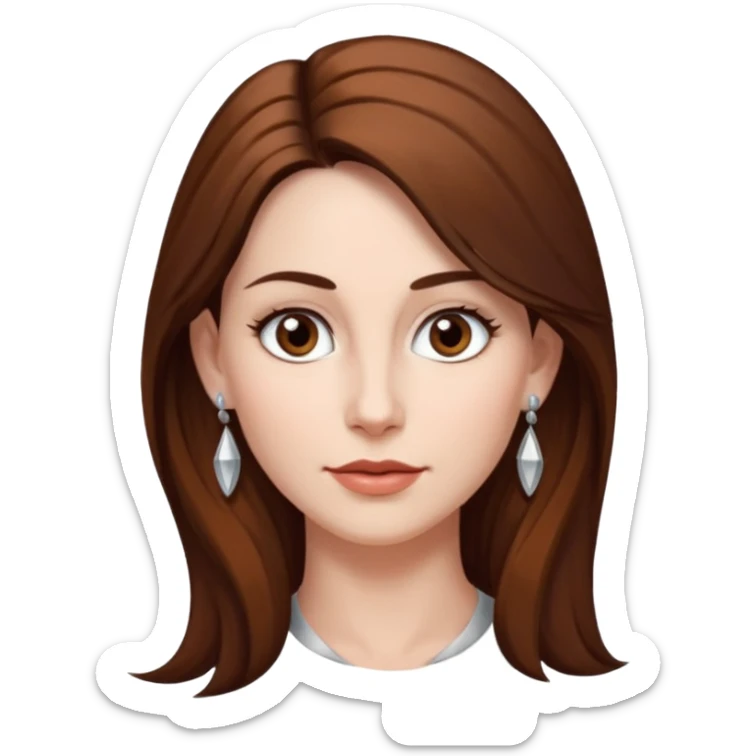 Head without neck of a 35-year-old woman, white skin, long brown hair combed to the right side and small silver earrings, small lips and pointed nose, brown eyes. sticker