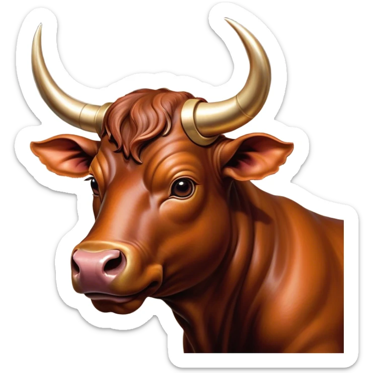 Cinematic Cute Domestic Bull Portrait Emoji, Head tilted playfully and inquisitively, with a sturdy, compact build and a smooth, polished coat of rich copper and brown hues accentuated by gently curved horns, round, sparkling eyes full of curious determination, Simplified yet irresistibly adorable features, highly detailed, glowing with a warm, friendly glow, high shine, affectionate and spirited, stylized with a touch of rustic charm, soft glowing outline, capturing the essence of a mischievous yet loving domestic bull that feels like it could trot out of the screen and into your arms! sticker