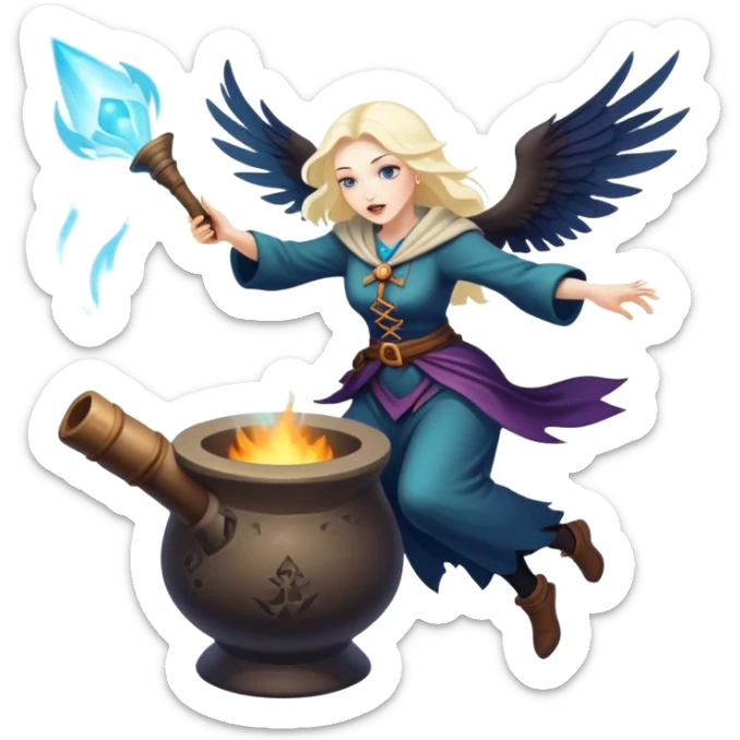 Baba Yaga sorceress woman flying in a mortar, magical aura sticker