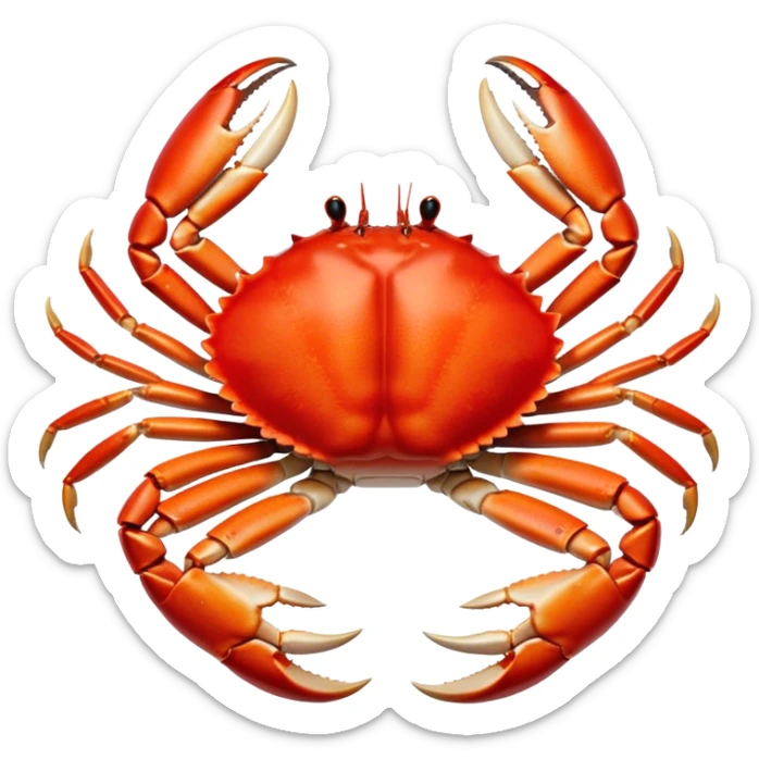 Cinematic rich crab legs, bright red shell glistening, cracked open to reveal tender white meat, warm golden highlights, detailed and delicious. sticker