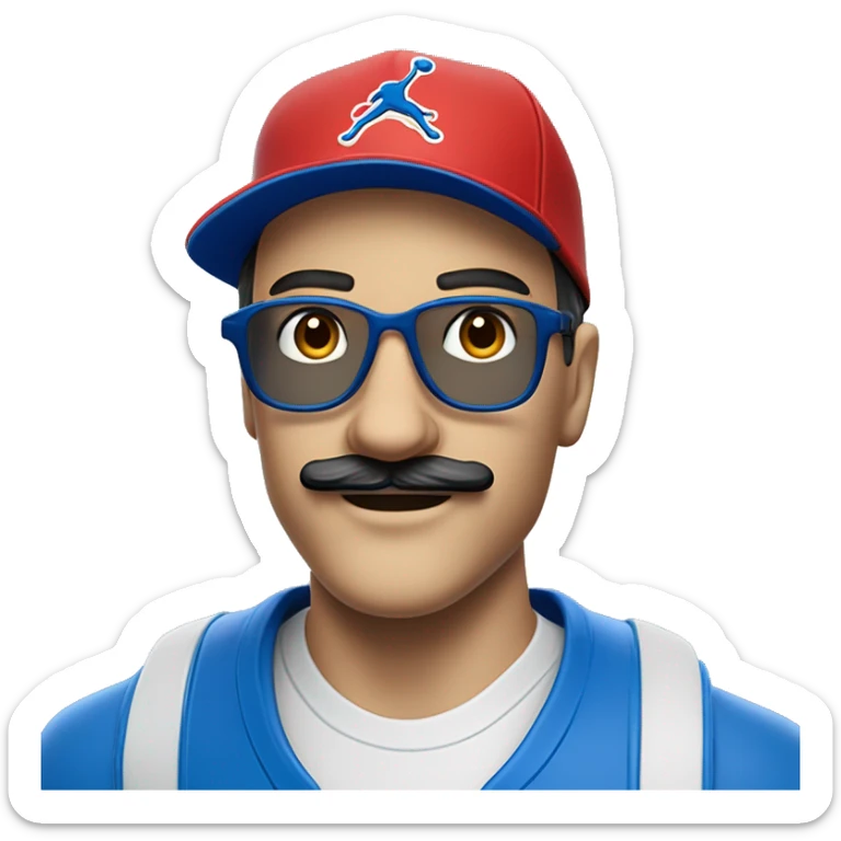 Homme européen yeux bleus avec une moustache portant des lunettes bleues , une casquette jordan bleu , un survêtement bleu sticker