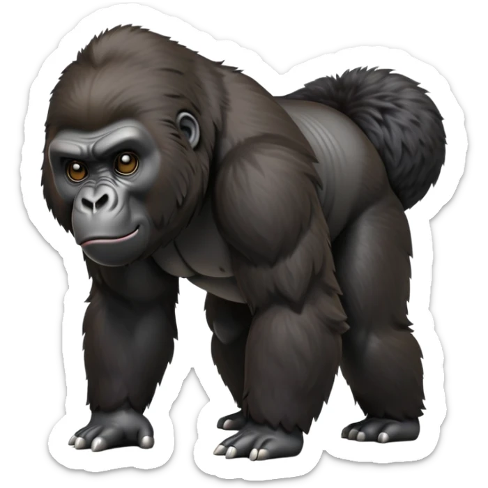 cinematic-gorilla-realistic-full-body-on-all-fours-emoji,-exuding-strength,-thick-dark-fur-in-the-light,-head-tilted-dramatically,-deep-dark-eyes-filled-with-intense-intelligence,-simplified-yet-realistic-focused-features,-highly-detailed, zoomed out friendly  sticker