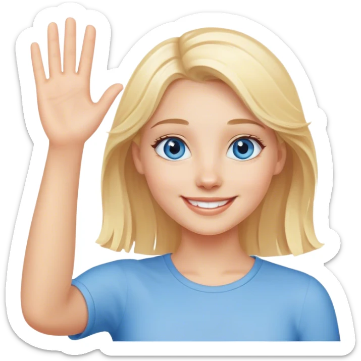 Fille blonde aux yeux bleus souriante qui fait un signe de la main  sticker