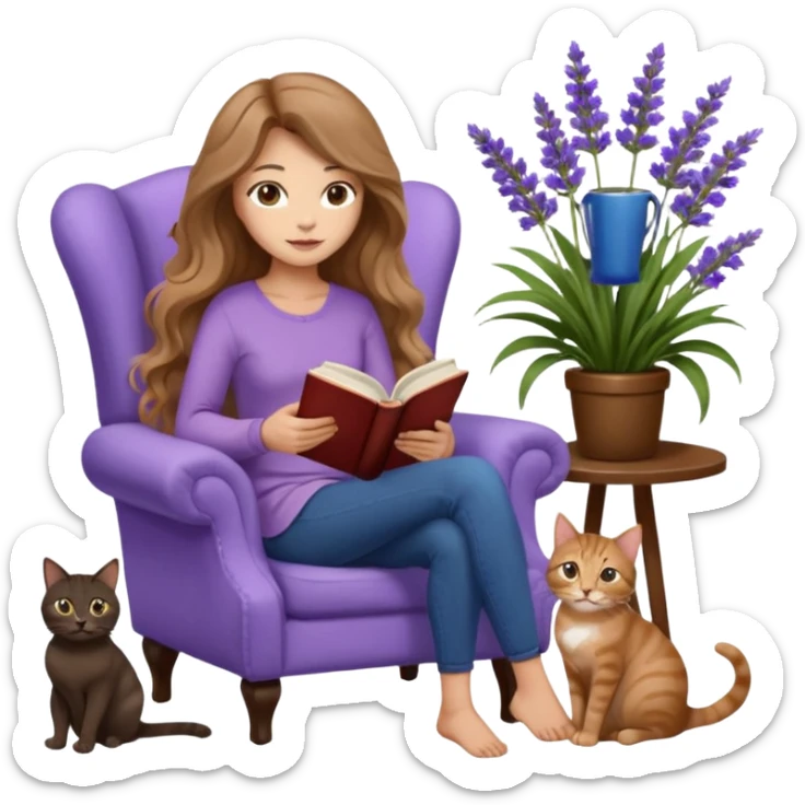 a woman with long light brown wavy hair and light brown eyes reading a book, sitting on a comfortable reading chair, two cats (one black cat and one brown tabby cat) beside her, small table with a cup of coffee, garden setting with lavender flowers around her sticker