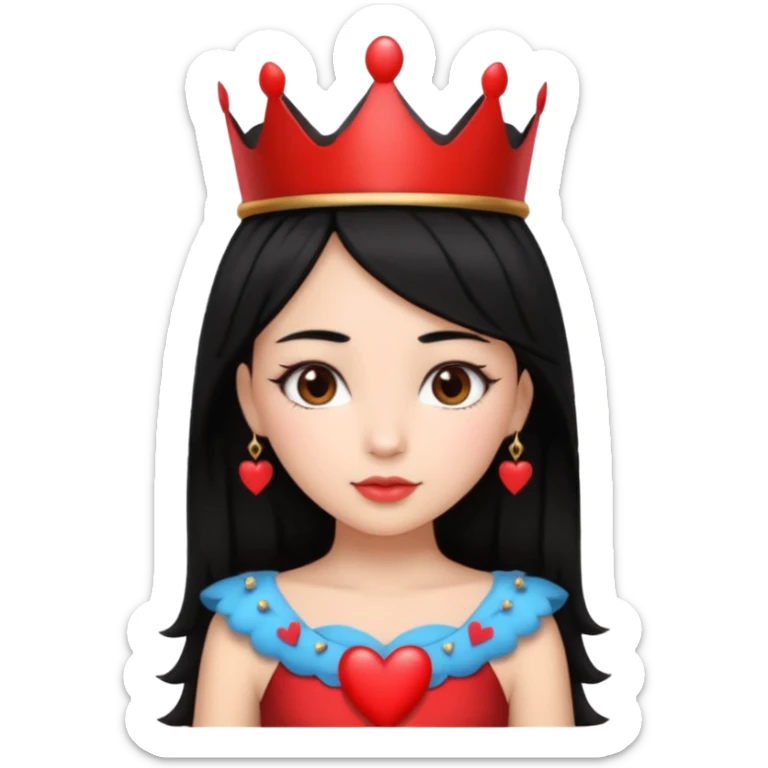 A girl wearing a crown with hearts on the crown and her hair is black with brown eyes and a black and red heart dress sticker