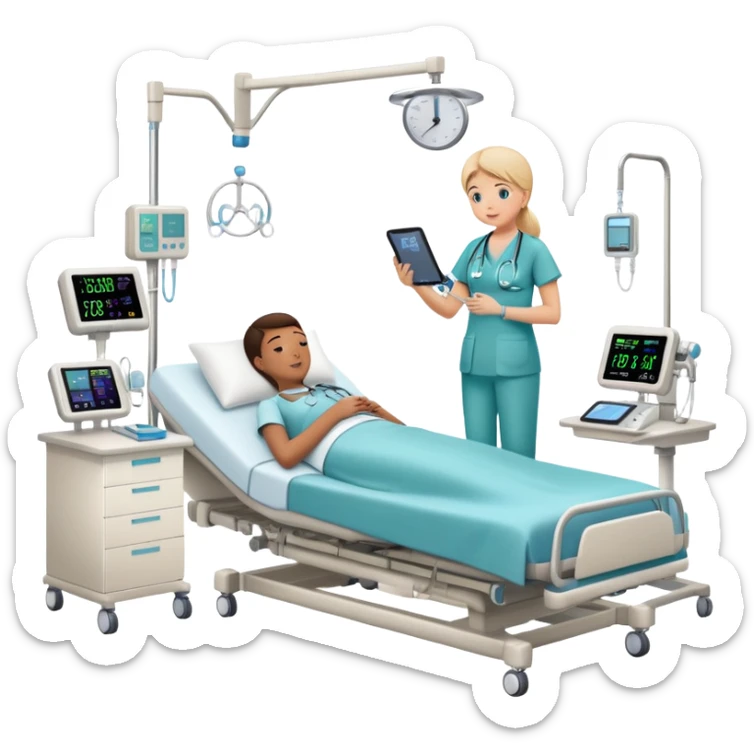 Hospital sleep laboratory room with patient in hospital bed connected to sleep monitoring equipment, nurse checking vitals, medical charts, and hospital IV stand sticker