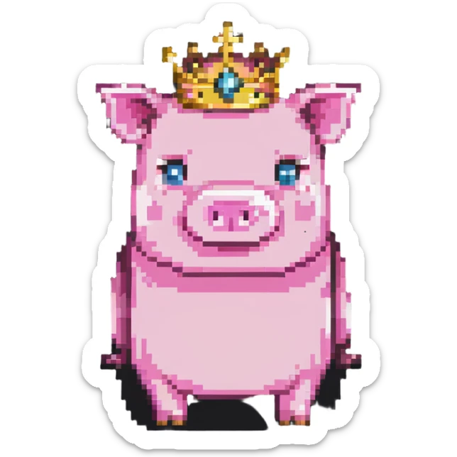 Minecraft pig full body pink blocky animal with square head wearing a crown sticker