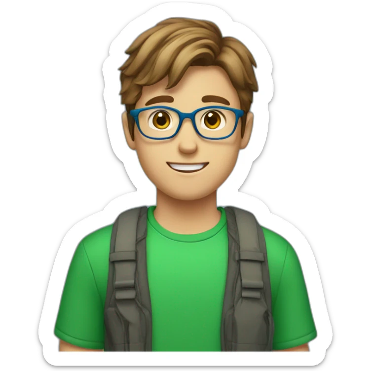 A boy with brown hairs with green eyes with blue eyeglasses with a red shirt sticker