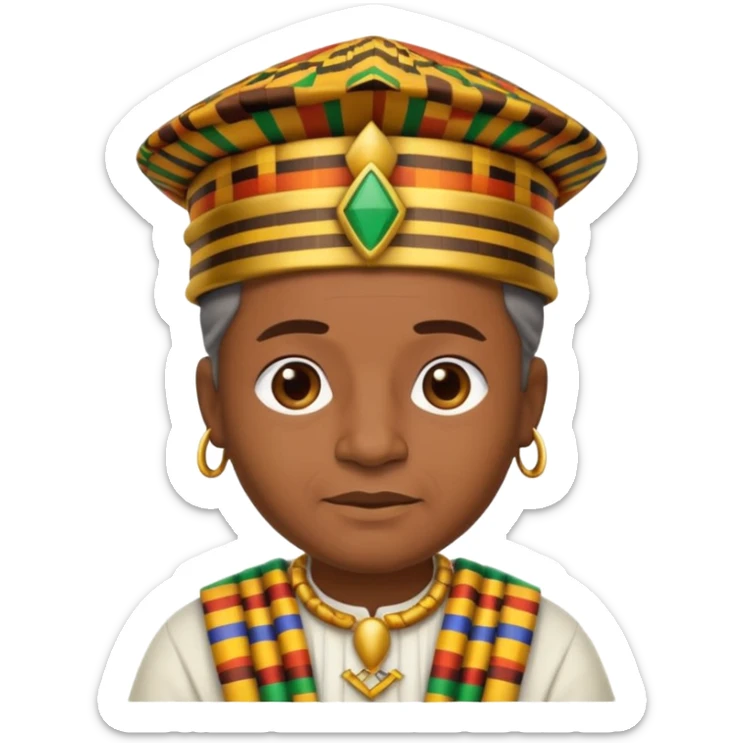 Create an emoji of an old African king wearing kente cloth and white shirt with an african kufi hat sticker