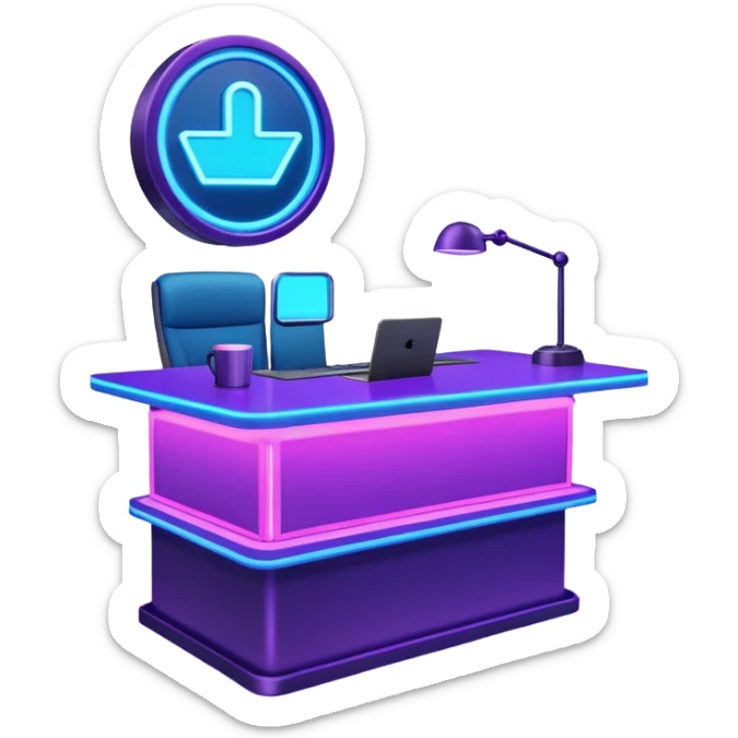 news anchor desk with neon glow effect, blue neon glow on top left, purple neon glow on bottom right sticker