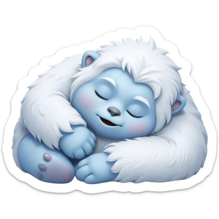 Meme-Worthy Cute Sleeping Yeti Portrait Emoji, with a charming, fluffy, snow-dusted figure in gentle whites and cool blues, head resting in blissful, serene slumber with closed, peaceful eyes and a small, contented smile, simplified yet irresistibly adorable, highly detailed with a soft frosty outline that captures the tender drowsiness of a yeti drifting into snowy dreams! sticker