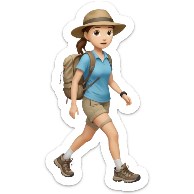 Create an emoji of a woman, hiking in shorts, trekking sneakers with a backpack and a wide broom hat and a brown ponytail sticker