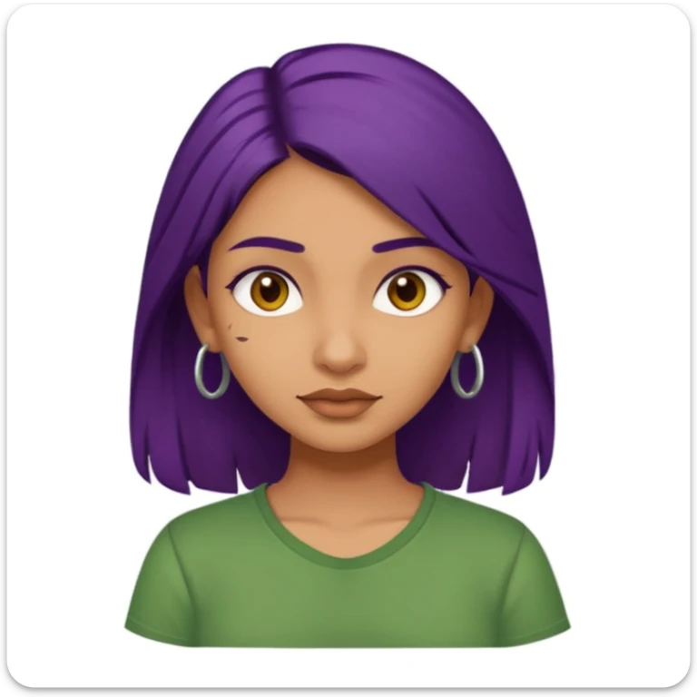 Give me an emoji : a tan skinned indian girl, medium deep purple hair with a green shirt sticker