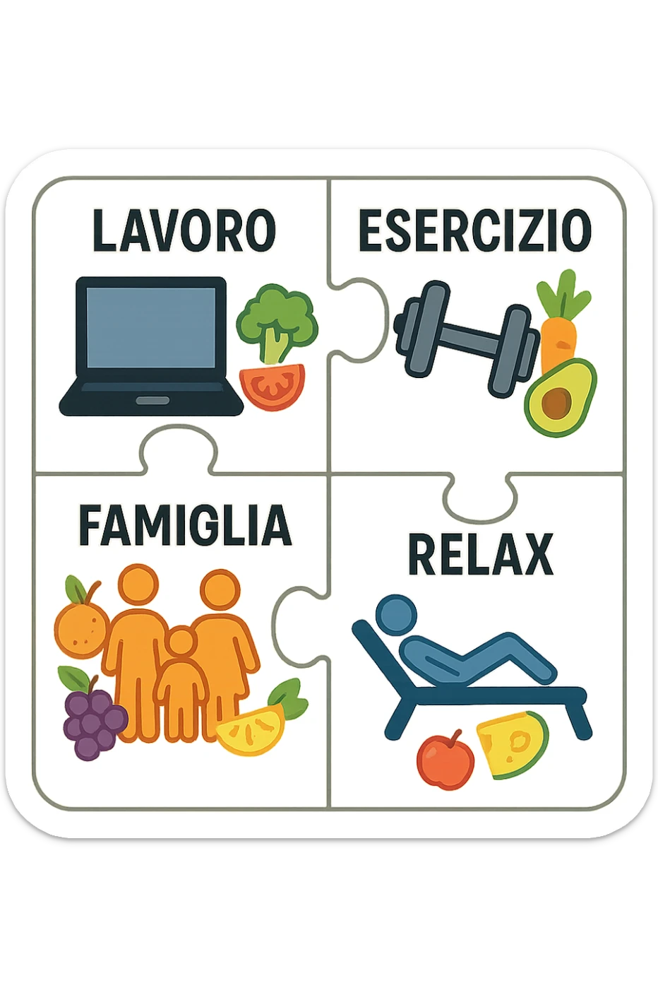 Puzzle (Lavoro, Esercizio, Famiglia, Relax), in lavoro metti icona di un PC, in Esercizio un Manubrio, in Famiglia una famiglia, in Relax qualcuno che riposa and healthy foods are integrated into each piece. in italiano sticker