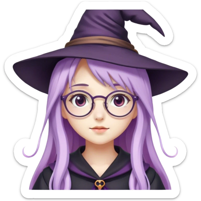 cute anime girl with long lilac hair wearing a witch hat and glasses sticker