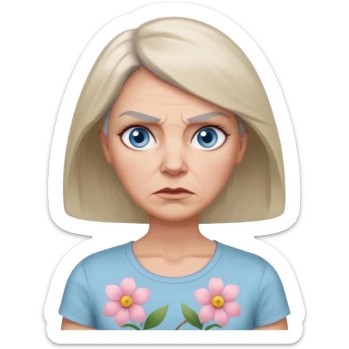 a woman in her 50s with angry face and bambi light blue eyes and pale tan with rosacea, greyish shoulder length hair and slim face, grey thin eyebrows, thin lips and flower pattern tshirt  sticker